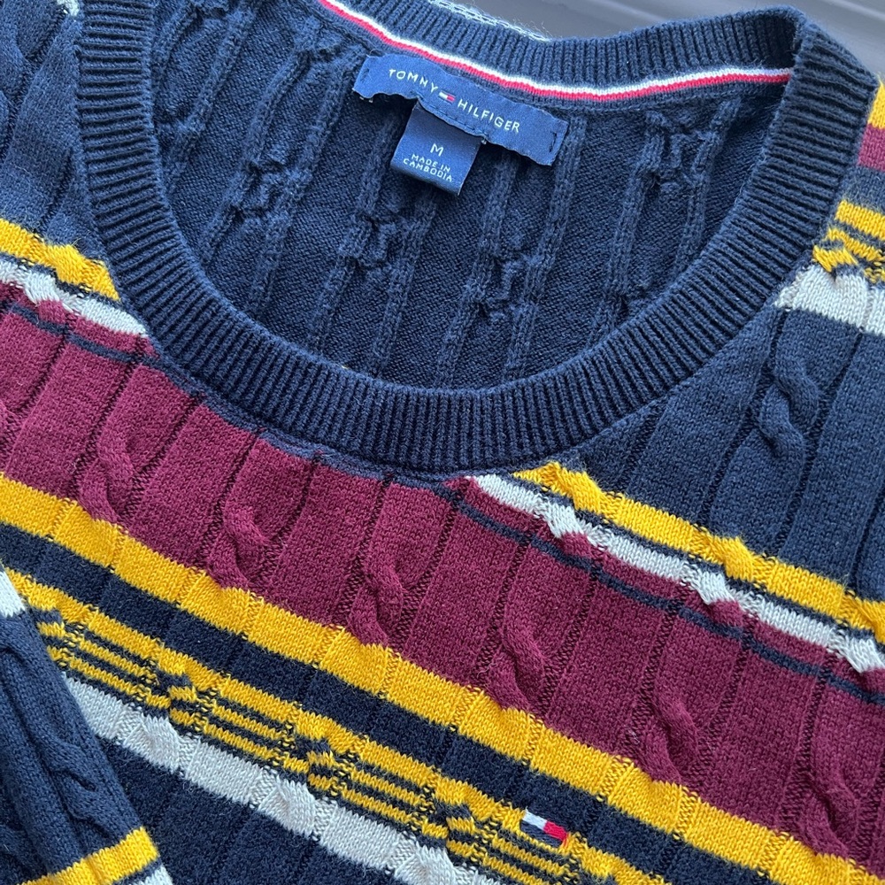 Tommy Hilfiger Cable Knit Sweater in Navy, Burgundy, and Yellow